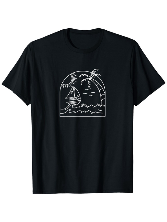 Men's Graphic T-Shirt Minimalist Palm Tree And Sailboat At Sunset Beach