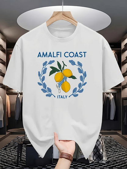 Men's Graphic T-Shirt Amalfi Coast Italy Vibrant Yellow Lemons Framed By Blue Laurel Wreath