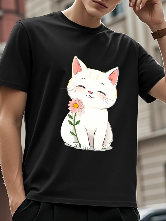 Men's Graphic T-Shirt Happy White Cat Sitting With Pink Flower Illustration