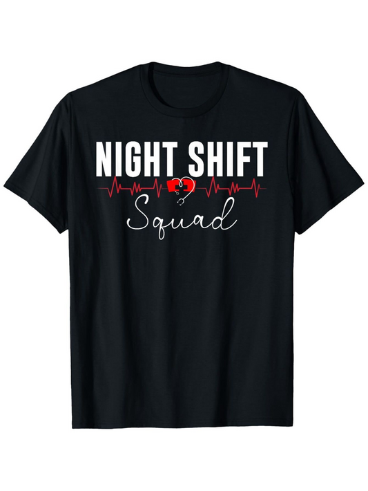 Men's Graphic T-Shirt Night Shift Squad Red Heartbeat Print With Broken Heart Symbol