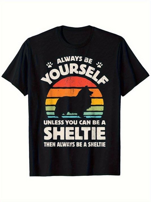 Men's Graphic T-Shirt Always Be Yourself Sunset Stripes With Sheltie Dog Silhouette