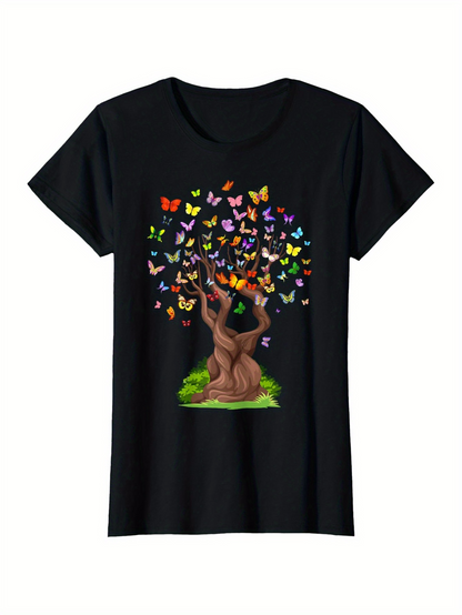 Men's Graphic T-Shirt Colorful Butterflies Fluttering Above Twisting Tree With Vibrant Green Grass