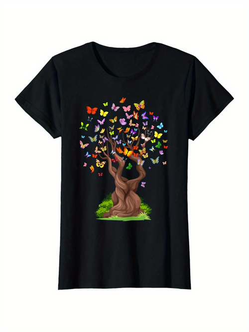 Men's Graphic T-Shirt Colorful Butterflies Fluttering Above Twisting Tree With Vibrant Green Grass