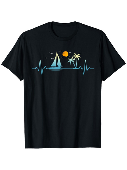 Men's Graphic T-Shirt Heartbeat Pulse With Sailboat Palm Trees Sun And Tranquil Ocean Scene