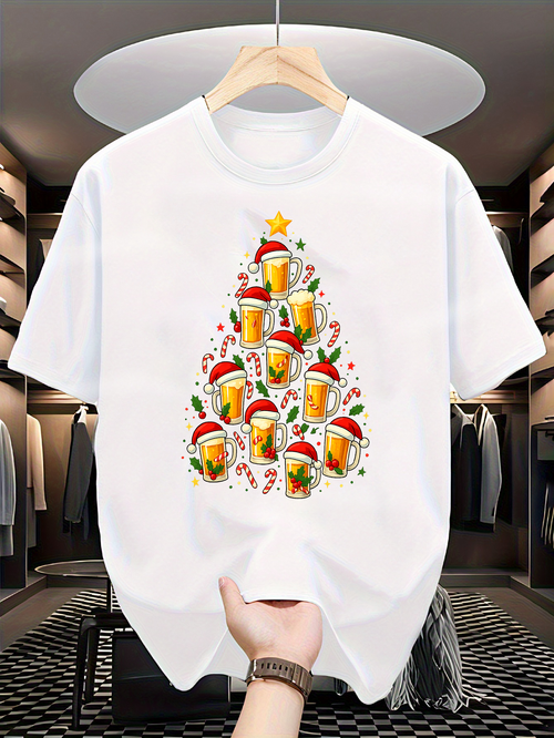 Men's Graphic T-Shirt Festive Holiday Celebration With Santa Hats And Christmas Tree Beer