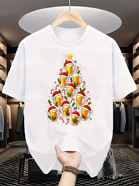 Men's Graphic T-Shirt Festive Holiday Celebration With Santa Hats And Christmas Tree Beer