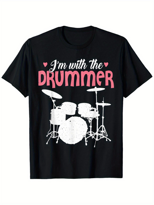 Men's Graphic T-Shirt Im With The Drummer Love Hearts Above White Drum Kit