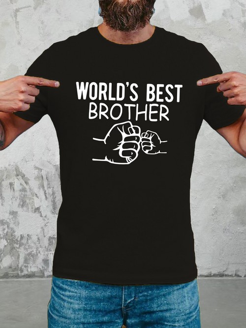 Men's Graphic T-Shirt Worlds Best Brother Bold Letters And Fist Bump Drawing On Black Shirt