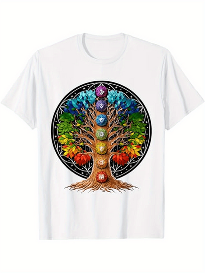 Men's Graphic T-Shirt Colorful Energy Balance Circles With Radiant Lights On Tree