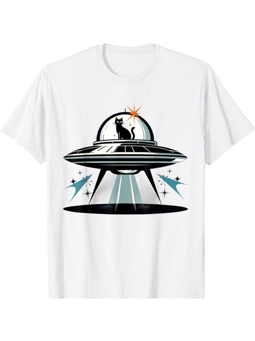 Men's Graphic T-Shirt Retro Black Cat With Sparkling Light Inside A Flying Saucer Spaceship