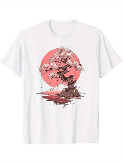 Men's Graphic T-Shirt Pink Blossom Tree With Floating Petals In Front Of Mountain