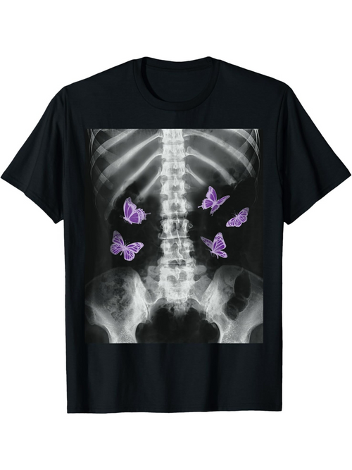 Men's Graphic T-Shirt Radiant Purple Butterflies With Dark X Ray Ribcage Under Light