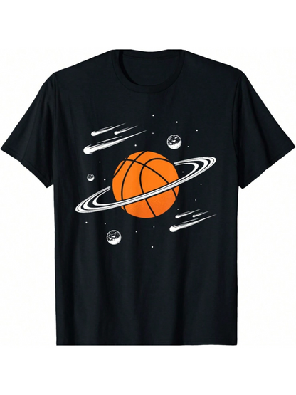 Men's Graphic T-Shirt Cosmic Basketball Floating Among Planets Shooting Stars And Saturn Ring