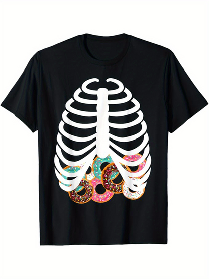 Men's Graphic T-Shirt Colorful Sprinkled Donuts Beneath White Skeleton Ribcage
