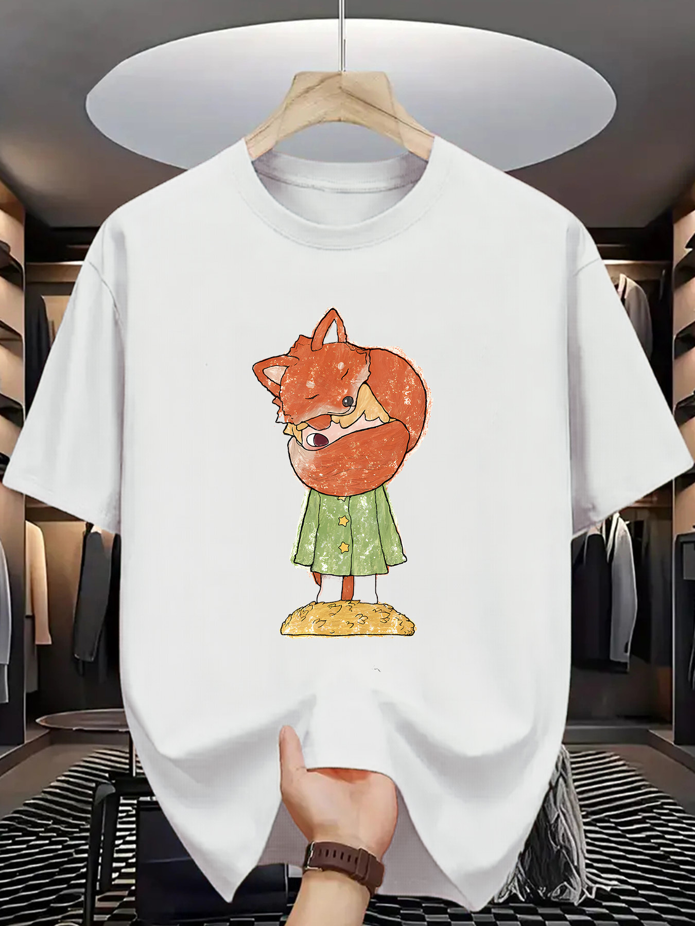 Men's Graphic T-Shirt Watercolor Style Sleeping Fox With Green Skirt Standing Peacefully Fox