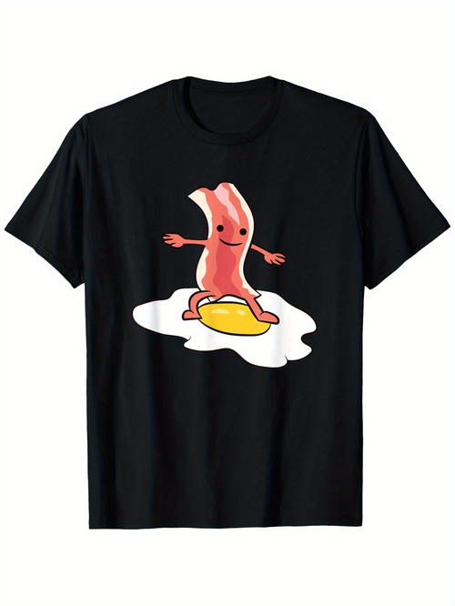 Men's Graphic T-Shirt Smiling Bacon Character Surfing On Sunny Side Up Egg
