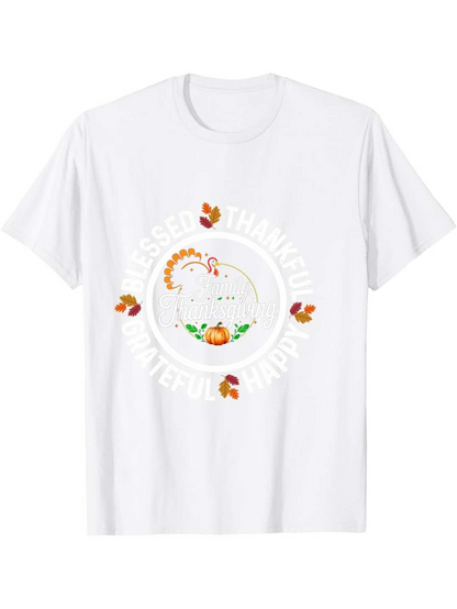 Men's Graphic T-Shirt Blessed Thankful Grateful Autumn Harvest With Smiling Turkey Surrounded By Falling Leaves Turkey
