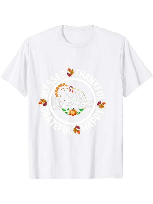 Men's Graphic T-Shirt Blessed Thankful Grateful Autumn Harvest With Smiling Turkey Surrounded By Falling Leaves Turkey