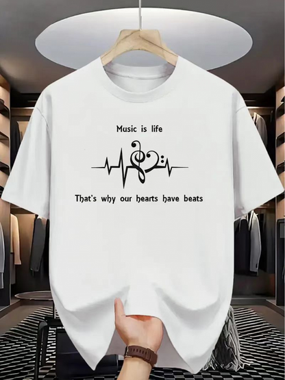 Men's Graphic T-Shirt Music Is Life Heartbeats With Music Notes Among Sound Waves Design