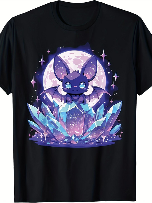 Men's Graphic T-Shirt Mystical Night Sky With Shimmering Crystals And Cute Fantasy Bat