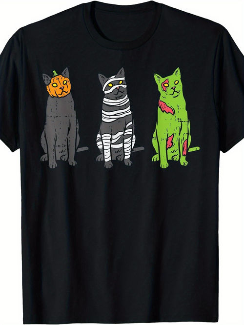 Men's Graphic T-Shirt Whimsical Halloween Themed Trio Of Cats With Colorful Decorative Costumes Cat
