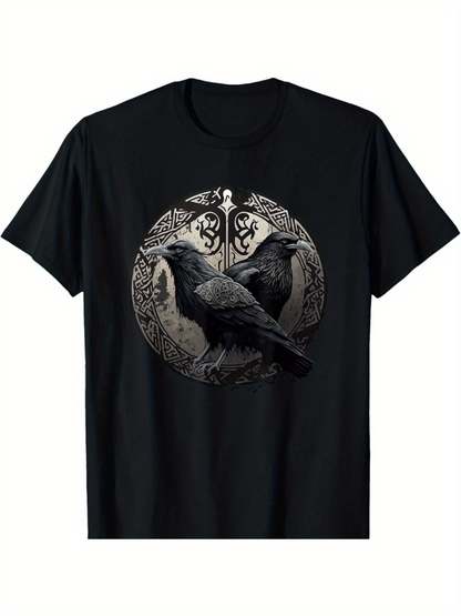 Men's Graphic T-Shirt Intricate Norse Style Circle With Detailed Twin Ravens Design