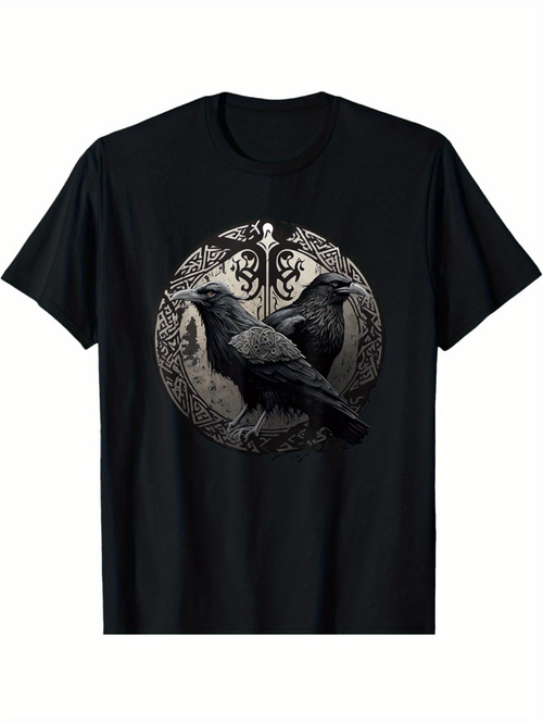 Men's Graphic T-Shirt Intricate Norse Style Circle With Detailed Twin Ravens Design