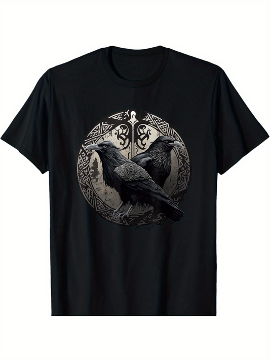 Men's Graphic T-Shirt Intricate Norse Style Circle With Detailed Twin Ravens Design