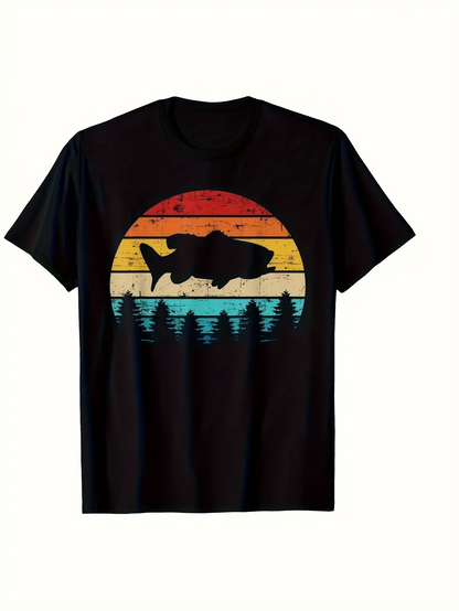 Men's Graphic T-Shirt Retro Sunset Silhouette Over Pine Trees With Majestic Swimming Fish