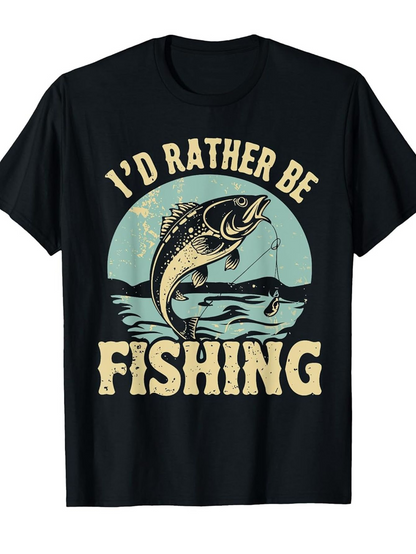 Men's Graphic T-Shirt Id Rather Be Fishing Vintage Water Ripples With Leaping Bold Fish