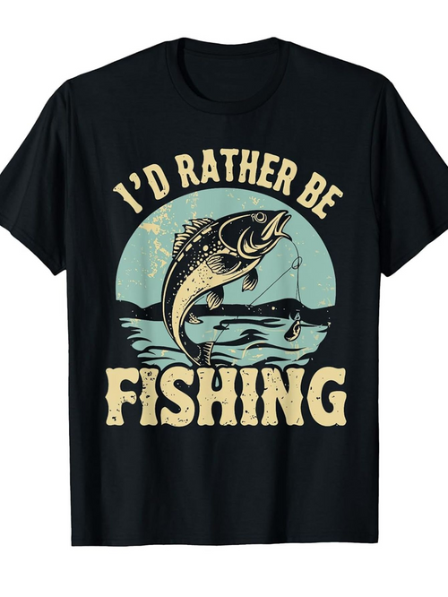 Men's Graphic T-Shirt Id Rather Be Fishing Vintage Water Ripples With Leaping Bold Fish