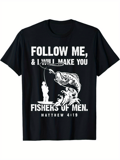 Men's Graphic T-Shirt Follow Me With Large Jumping Fish By Fisherman
