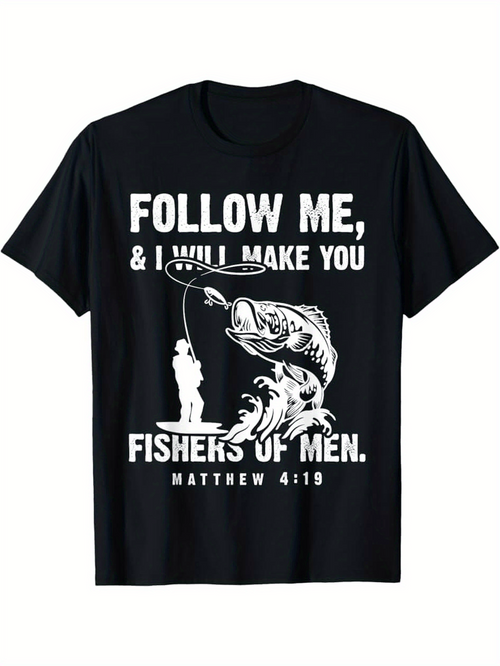 Men's Graphic T-Shirt Follow Me With Large Jumping Fish By Fisherman