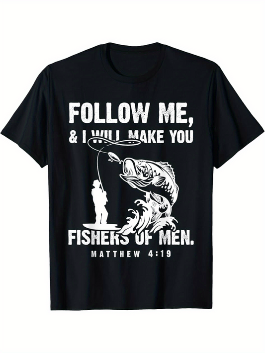 Men's Graphic T-Shirt Follow Me With Large Jumping Fish By Fisherman