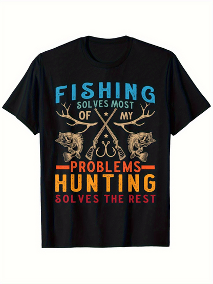 Men's Graphic T-Shirt Fishing Solves Most Of My Problems Antlers And Hooks Hunting Solves The Rest Deer