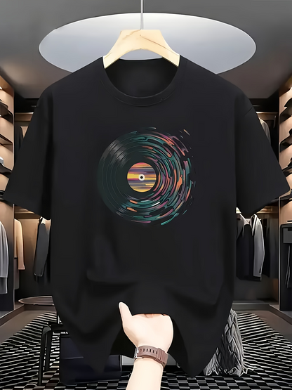 Men's Graphic T-Shirt Whirling Light Streaks Circling Around Colorful Vinyl Record