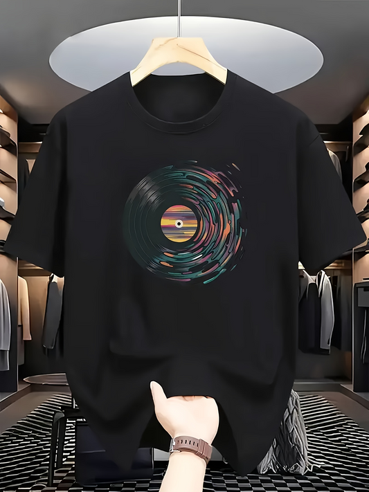 Men's Graphic T-Shirt Whirling Light Streaks Circling Around Colorful Vinyl Record