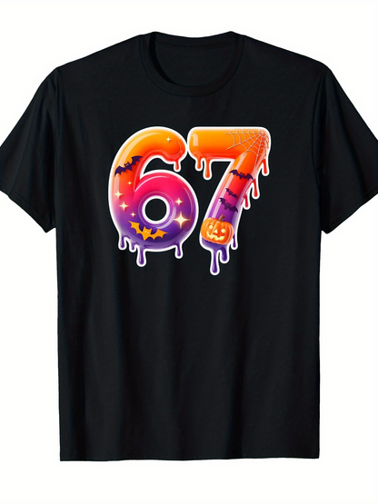Men's Graphic T-Shirt Dripping Gradient Pattern With Bats Pumpkins Halloween Number Sixty Seven
