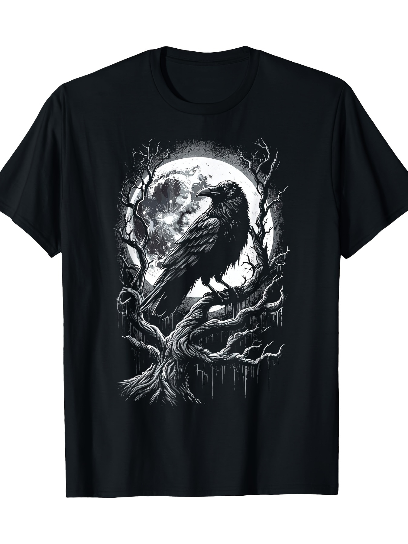 Men's Graphic T-Shirt Mystical Moonlight With Twisted Branches And Perched Raven Bird