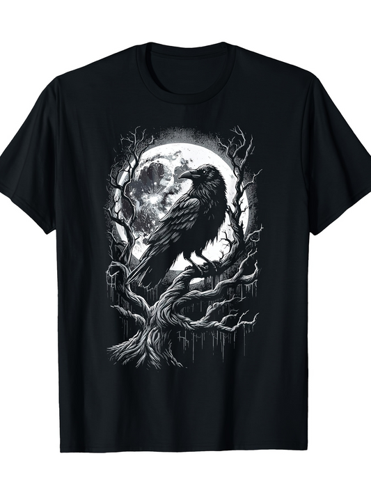 Men's Graphic T-Shirt Mystical Moonlight With Twisted Branches And Perched Raven Bird