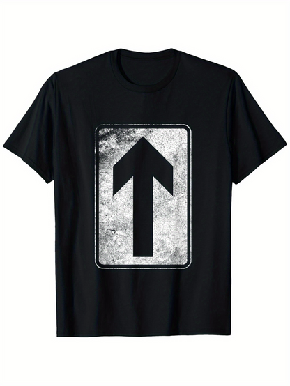 Men's Graphic T-Shirt Textured White Grunge Panel With Black Direction Arrow Symbol