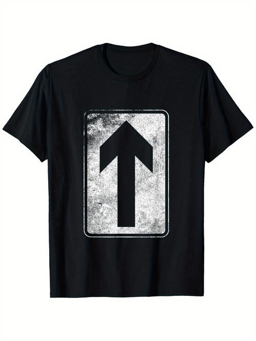 Men's Graphic T-Shirt Textured White Grunge Panel With Black Direction Arrow Symbol