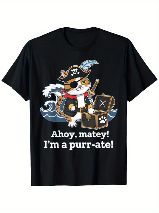 Men's Graphic T-Shirt Ahoy Matey Im A Purr Ate With Pirate Cat Treasure And Rolling Waves