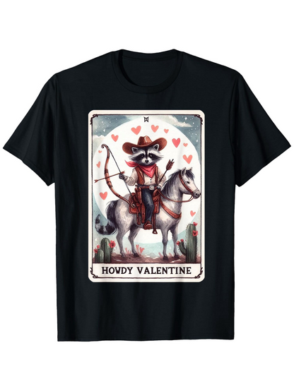 Men's Graphic T-Shirt Howdy Valentine Playful Raccoon With Arrows Riding Horse Surrounded By Hearts