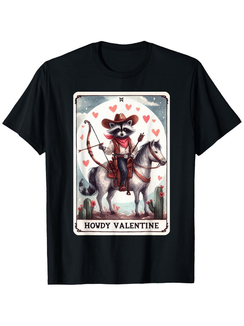Men's Graphic T-Shirt Howdy Valentine Playful Raccoon With Arrows Riding Horse Surrounded By Hearts