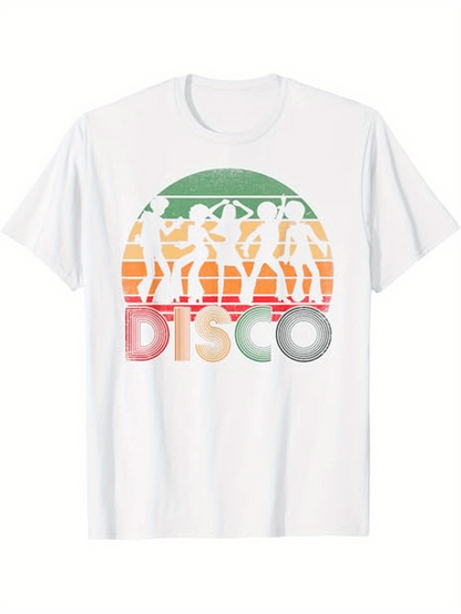 Men's Graphic T-Shirt Retro Sunset Colors Featuring Dancing Silhouettes With Disco Lettering