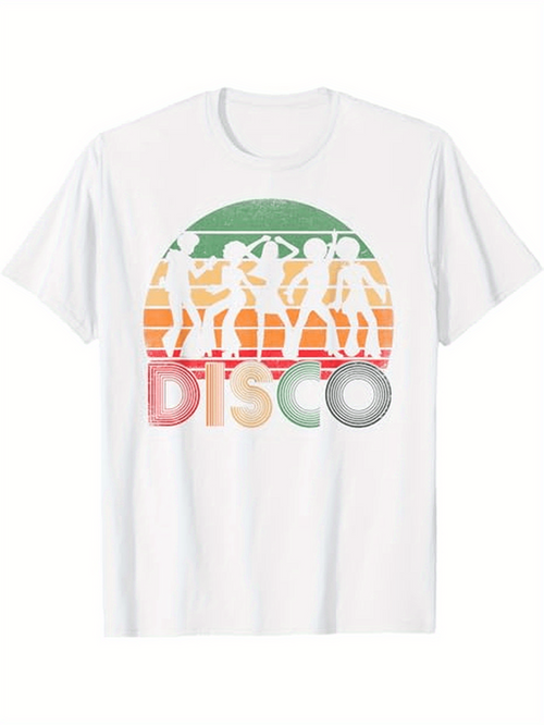 Men's Graphic T-Shirt Retro Sunset Colors Featuring Dancing Silhouettes With Disco Lettering