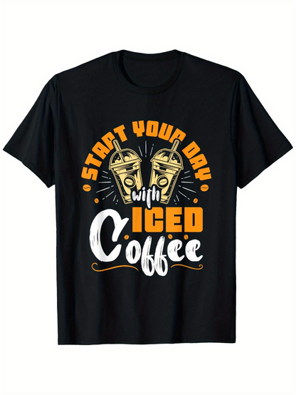 Men's Graphic T-Shirt Start Your Day With Iced Coffee Toasting Glasses Surrounded By Sunburst Pattern Coffee