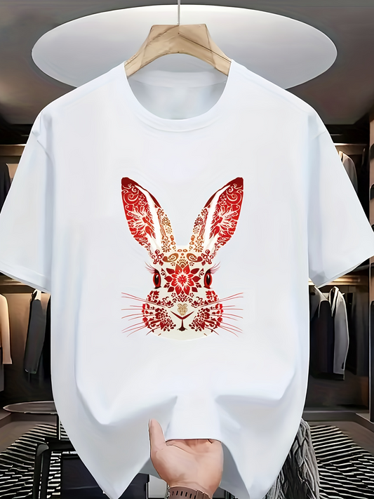 Men's Graphic T-Shirt Intricate Floral Motif With Red Patterns Forming A Whimsical Bunny Rabbit