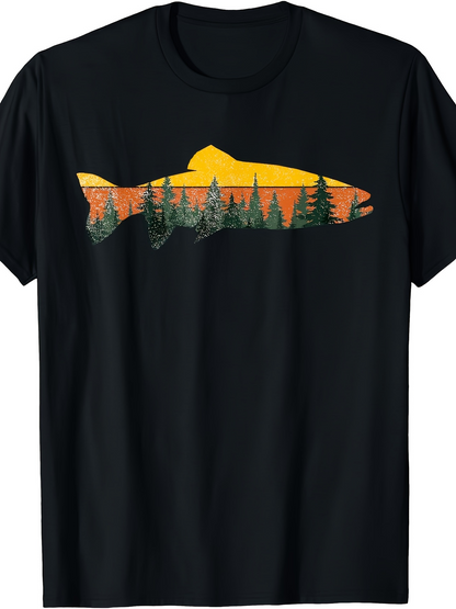 Men's Graphic T-Shirt Sunset Forest Silhouette Within A Wild Swimming Fish